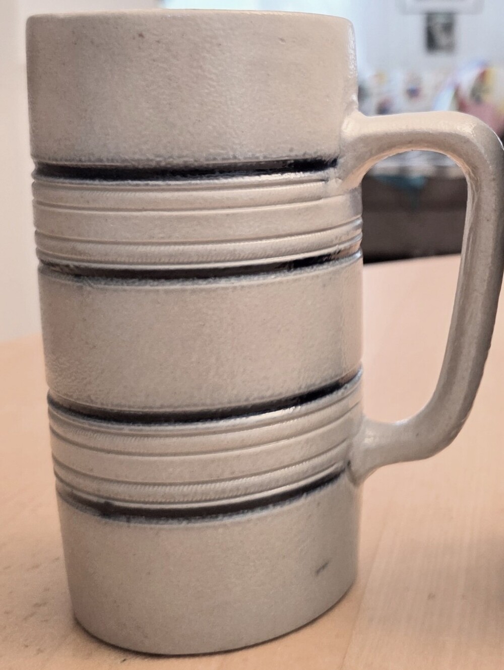 POTTERY Vintage Beer Stein Coffee Tea Mug Cup Blue Line SALT GLAZE